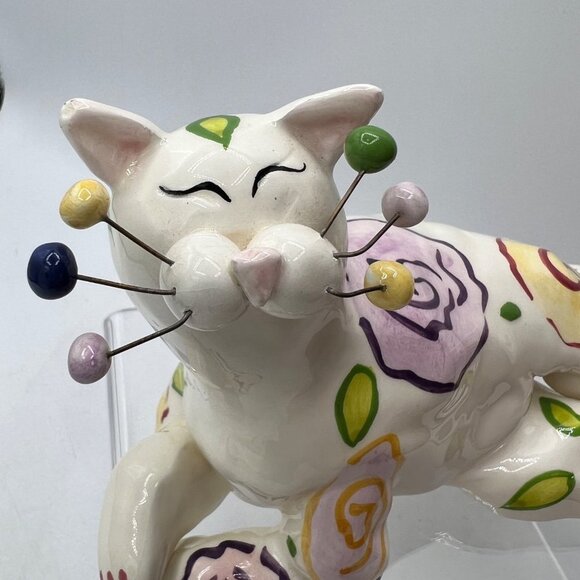 Vintage Annaco Creations Amy Lacombe Lying Cat With Summer Flowers 2001 Figurine - Picture 3 of 9